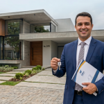 Corretor de imóveis profissional segurando documentos e chave de casa em frente a imóvel moderno, representando a tributação IBS e CBS no setor imobiliário.