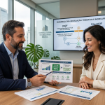 Fotografia realista de um escritório moderno de consultoria imobiliária no Brasil. Um corretor, vestindo terno azul, sorri enquanto aponta com uma caneta para um documento financeiro impresso com gráficos e a frase "Redutor de Ajuste", explicando-o para uma cliente mulher que sorri com expressão de alívio. Sobre a mesa de madeira clara, há mais papéis com cálculos e estatísticas. Ao fundo, uma tela digital exibe uma linha do tempo detalhando mudanças na legislação tributária a partir de 2027. O ambiente é iluminado por luz natural vinda de uma grande janela de vidro com vista para prédios urbanos, transmitindo um clima profissional, nítido e acolhedor.