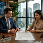 Advogado e cliente assinando contrato de usufruto oneroso em escritório moderno com projeção de IBS representando tributação
