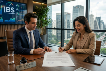 O que é usufruto oneroso e por que a Reforma Tributária passou a cobrar IBS sobre ele Advogado e cliente assinando contrato de usufruto oneroso em escritório moderno com projeção de IBS representando tributação