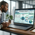 Fotografia de um executivo focado e bem-sucedido analisando um dashboard financeiro e tributário detalhado em seu laptop moderno. A tela exibe previsões de impostos (IBS/CBS) e as regras de split payment e a apuração assistida.