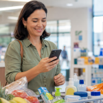 Consumidora em supermercado no Brasil consulta o celular após a compra, ilustrando o cashback tributário e a devolução de parte dos impostos a partir de 2027.