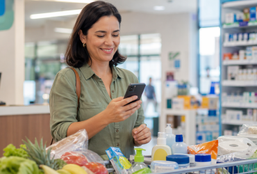 Cashback da Reforma Tributária: quem recebe, quanto vale e como vai funcionar a partir de 2027 Consumidora em supermercado no Brasil consulta o celular após a compra, ilustrando o cashback tributário e a devolução de parte dos impostos a partir de 2027.