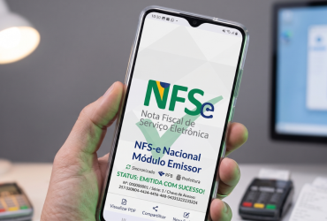 Empresas do Distrito Federal ganham mais tempo para se adaptar à nova Nota Fiscal de Serviços Mão segurando um smartphone que exibe a tela inicial do aplicativo do Módulo Emissor da nova Nota Fiscal de Serviço Eletrônica (NFS-e) Nacional, com um computador e máquina de cartão ao fundo.