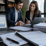 Profissionais analisam documentos fiscais e relatórios financeiros sobre ressarcimento de CBS em programa de conformidade da Receita Federal