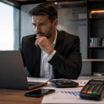 Empresário analisa documentos, notebook e maquininha de pagamento em escritório, ilustrando o impacto do Split Payment na relação entre empresa e imposto.