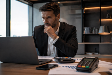 O fim da janela tributária: como o Split Payment muda a relação entre empresa e imposto Empresário analisa documentos, notebook e maquininha de pagamento em escritório, ilustrando o impacto do Split Payment na relação entre empresa e imposto.