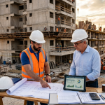 Imóvel em construção em 2026 com engenheiro analisando cálculos do redutor de ajuste inicial no setor imobiliário