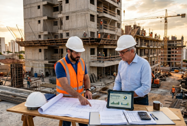 Imóvel em construção em dezembro de 2026: como calcular o redutor de ajuste inicial Imóvel em construção em 2026 com engenheiro analisando cálculos do redutor de ajuste inicial no setor imobiliário