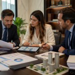 Advogados e executivos analisam documentos de reorganização societária e imóveis para discutir ITBI após a LC 227/2026.