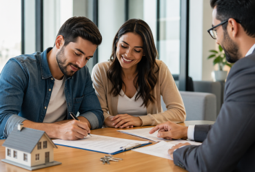 ITBI: o que é, quanto custa e como pagar — tudo que você precisa saber antes de assinar a escritura Casal assina documentos de compra de imóvel com orientação profissional, ilustrando o pagamento do ITBI antes da escritura.
