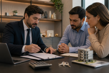 Especialista em direito imobiliário explica documentos a um casal em escritório, ilustrando o novo art. 35 do CTN após a LC 227/2026 e a revisão do fato gerador do ITBI.