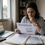 Mulher com expressão de choque e preocupação ao descobrir cobrança abusiva na guia de pagamento do ITBI, cercada por escrituras, contratos de compra e venda e uma calculadora.