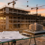 Canteiro de obras de edifício residencial em construção ao entardecer, com documentos fiscais em primeiro plano, ilustrando os impactos da LC 214/25 para construtoras e incorporadoras