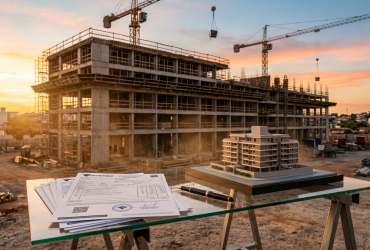 Construtoras e incorporadoras: como a LC 214/25 muda a tributação do setor imobiliário Canteiro de obras de edifício residencial em construção ao entardecer, com documentos fiscais em primeiro plano, ilustrando os impactos da LC 214/25 para construtoras e incorporadoras