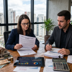 Análise de documentos imobiliários com gráficos de impostos e maquete de casa em escritório moderno no Brasil, representando os impactos da reforma tributária no mercado imobiliário em 2027