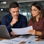 Empresário e contadora analisam documentos e relatórios em escritório, ilustrando a decisão sobre Simples Nacional e Split Payment em 2026.