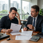 Contribuinte analisa documentos imobiliários com consultor em escritório, ilustrando o valor de referência do imóvel e o aumento da cobrança de imposto.