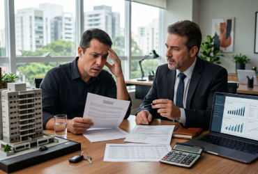 Contribuinte analisa documentos imobiliários com consultor em escritório, ilustrando o valor de referência do imóvel e o aumento da cobrança de imposto.