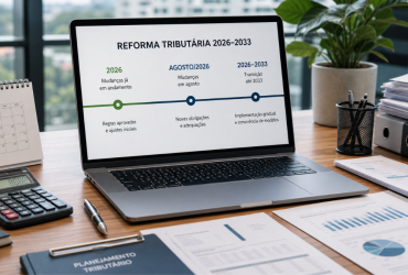 Reforma Tributária 2026: o que já mudou, o que muda em agosto e o que vem até 2033 Notebook exibe linha do tempo da Reforma Tributária de 2026 a 2033 em mesa de trabalho com documentos e calculadora