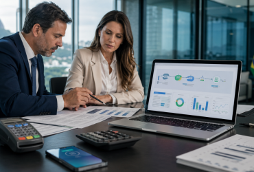 Profissionais analisam fluxo digital de pagamentos e arrecadação automática de tributos em ambiente corporativo