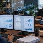 Contador analisa movimentações financeiras, notas fiscais e registros empresariais em ambiente digital, representando os cruzamentos de dados realizados pela Receita Federal
