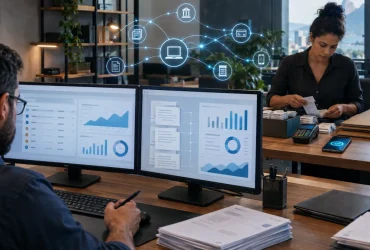 Pix e e-Financeira em 2026: o que a Receita realmente recebe e como os cruzamentos fiscais podem atingir empresas Contador analisa movimentações financeiras, notas fiscais e registros empresariais em ambiente digital, representando os cruzamentos de dados realizados pela Receita Federal