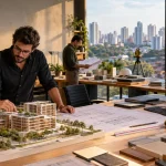 Arquitetos em escritório analisando maquete e projeto representam os impactos do IBS e da CBS e a redução de 30% prevista na Reforma Tributária