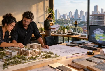 Arquitetos em escritório analisando maquete e projeto representam os impactos do IBS e da CBS e a redução de 30% prevista na Reforma Tributária