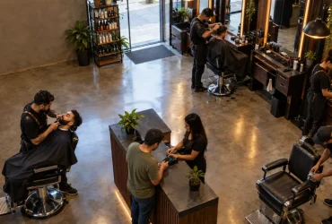 Barbearia com vários profissionais e atendimento simultâneo representa as novas regras de IBS e CBS, Simples Nacional e salão-parceiro