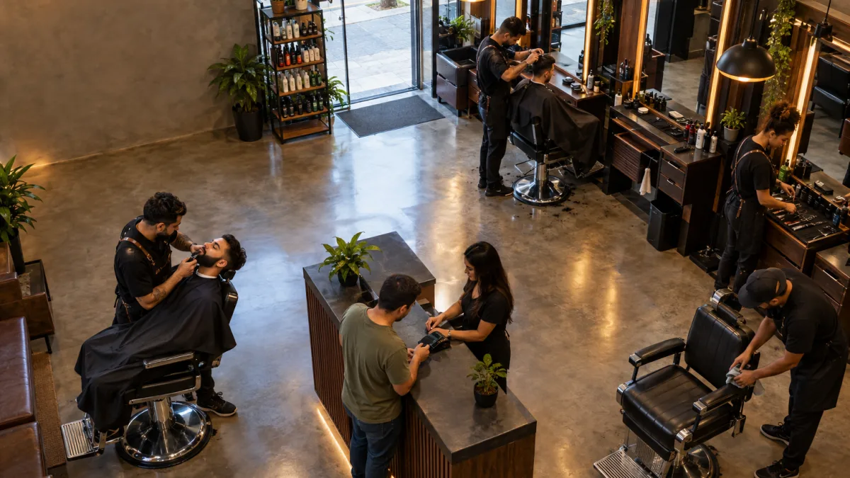 Reforma Tributária para barbearias: IBS e CBS mudam créditos, parcerias e a separação entre serviço e venda de produtos Barbearia com vários profissionais e atendimento simultâneo representa as novas regras de IBS e CBS, Simples Nacional e salão-parceiro