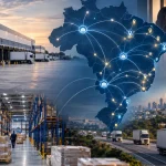 Centro de distribuição e caminhões representam mudança da logística empresarial com IBS cobrado no destino