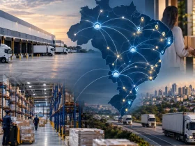 Centro de distribuição e caminhões representam mudança da logística empresarial com IBS cobrado no destino