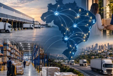 Centro de distribuição e caminhões representam mudança da logística empresarial com IBS cobrado no destino