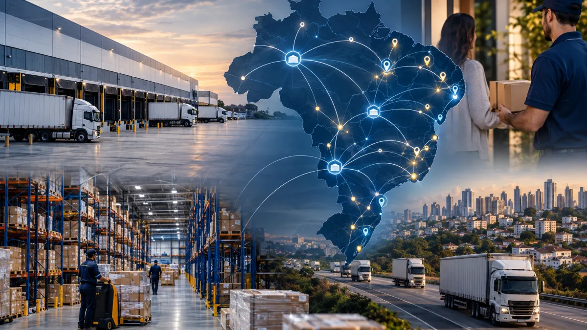 Reforma Tributária pode redesenhar o mapa dos centros de distribuição ao reduzir o peso dos incentivos fiscais na logística Centro de distribuição e caminhões representam mudança da logística empresarial com IBS cobrado no destino