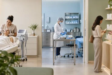 Clínica de estética com diferentes tipos de procedimentos representa as regras distintas de IBS e CBS para saúde, beleza e venda de produtos