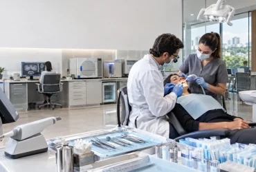 Dentista em clínica odontológica moderna representa a redução de 60% do IBS e da CBS prevista para serviços odontológicos na Reforma Tributária