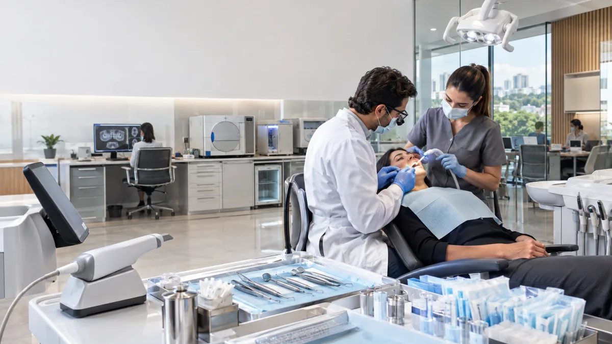 Dentista em clínica odontológica moderna representa a redução de 60% do IBS e da CBS prevista para serviços odontológicos na Reforma Tributária