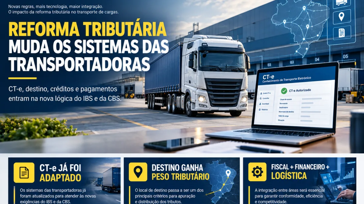 Reforma Tributária já mudou o CT-e: transportadoras precisam revisar sistemas, fretes e integrações antes de 2027 Transportadora adapta CT-e e sistemas de logística às novas regras de IBS e CBS da Reforma Tributária