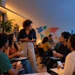 Professor e alunos em escola de idiomas representam os impactos do IBS e da CBS sobre cursos de inglês e outras línguas estrangeiras