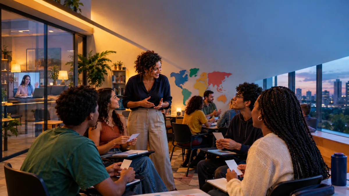 Reforma Tributária para cursos de idiomas: inglês e espanhol ficam fora da redução de 60% do IBS e CBS Professor e alunos em escola de idiomas representam os impactos do IBS e da CBS sobre cursos de inglês e outras línguas estrangeiras