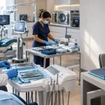 Dentista trabalha em clínica odontológica com equipamentos e materiais profissionais, representando as novas regras de IBS e CBS e a redução de 60% para serviços odontológicos
