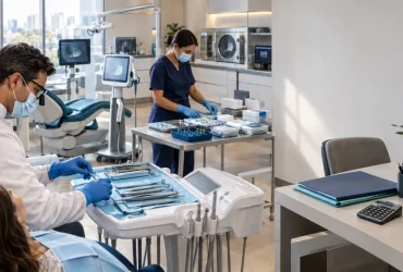 Dentista trabalha em clínica odontológica com equipamentos e materiais profissionais, representando as novas regras de IBS e CBS e a redução de 60% para serviços odontológicos