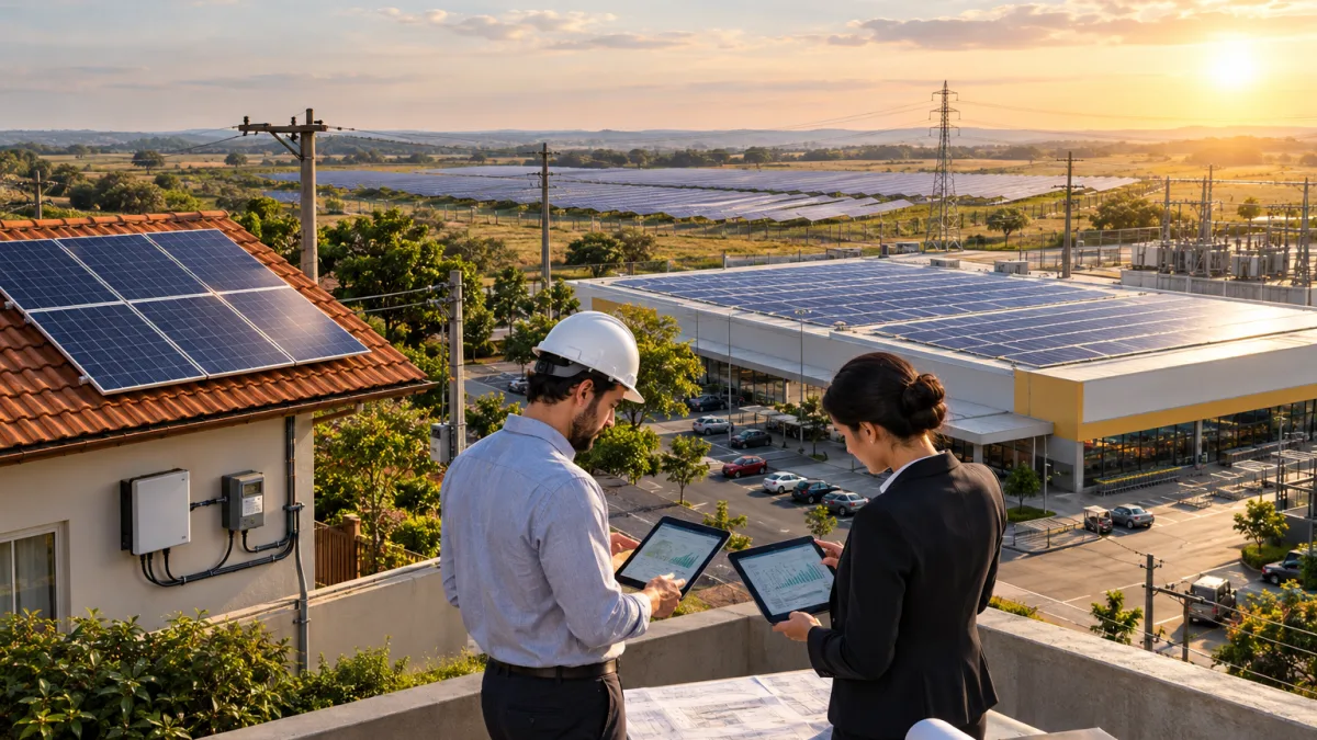 Sistemas de energia solar residencial e empresarial conectados à rede representam as novas regras de IBS e CBS para geração distribuída e compensação de energia