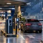 Estacionamento urbano com cancelas e veículos representa as mudanças de IBS e CBS na tributação do setor