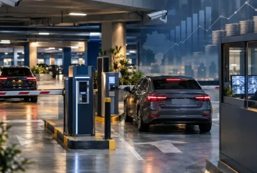 Estacionamento urbano com cancelas e veículos representa as mudanças de IBS e CBS na tributação do setor