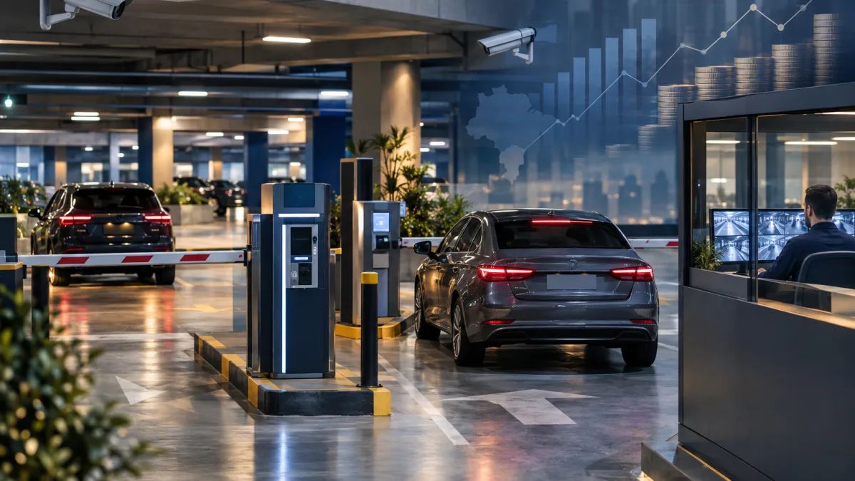 Estacionamento urbano com cancelas e veículos representa as mudanças de IBS e CBS na tributação do setor