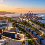 Cadeia de exportação brasileira conecta fábrica, contêineres e navio enquanto a Reforma Tributária preserva créditos de IBS e CBS