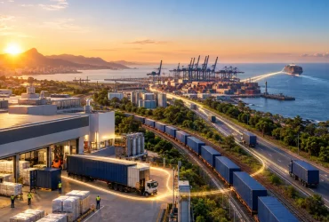 Cadeia de exportação brasileira conecta fábrica, contêineres e navio enquanto a Reforma Tributária preserva créditos de IBS e CBS
