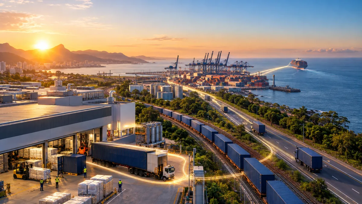 Reforma Tributária para exportadoras: IBS e CBS não incidem nas vendas ao exterior e créditos poderão ser ressarcidos Cadeia de exportação brasileira conecta fábrica, contêineres e navio enquanto a Reforma Tributária preserva créditos de IBS e CBS
